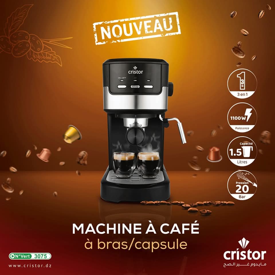 Machine à Café CRISTOR 2 Bras (Capsule/Poudre) + Cappuccino 20 Bars 1100W CMD110NS {YSM}