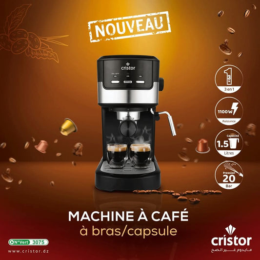 Machine à Café CRISTOR 2 Bras (Capsule/Poudre) + Cappuccino 20 Bars 1100W CMD110NS {YSM}